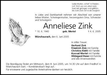 Anzeige von Anneliese Zink von MGO