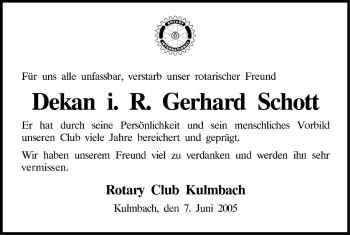 Anzeige von Gerhard Schott von MGO