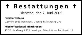 Anzeige von Bestattungen vom 07.06.2005 von MGO