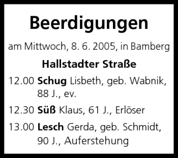 Anzeige von Beerdigungen vom 08.06.2005 von MGO