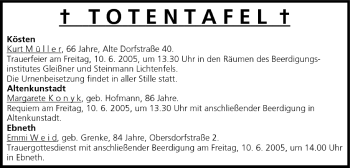 Anzeige von Totentafel vom 09.06.2005 von MGO