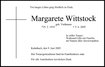 Anzeige von Margarete Wittstock von MGO