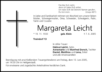 Anzeige von Margareta Leicht von MGO