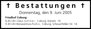 Anzeige von Bestattungen vom 09.06.2005 von MGO