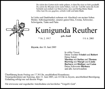 Anzeige von Kunigunda Reuther von MGO