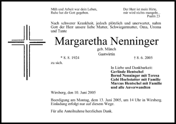 Anzeige von Margaretha Nenninger von MGO