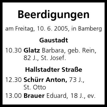 Anzeige von Beerdigungen vom 10.06.2005 von MGO