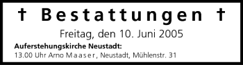 Anzeige von Bestattungen vom 10.06.2005 von MGO
