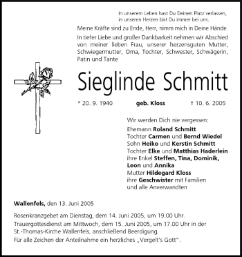 Anzeige von Sieglinde Schmitt von MGO