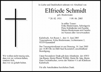 Anzeige von Elfriede Schmidt von MGO