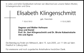Anzeige von Elisabeth Klingenschmitt von MGO