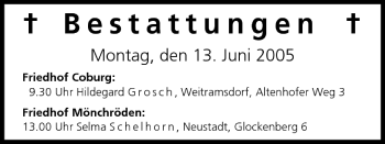 Anzeige von Bestattungen vom 13.06.2005 von MGO