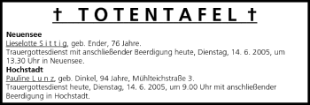 Anzeige von Totentafel vom 14.06.2005 von MGO