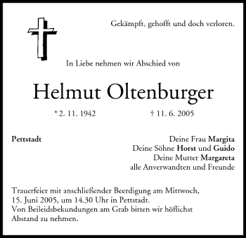 Anzeige von Helmut Oltenburger von MGO