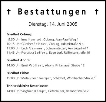 Anzeige von Bestattungen vom 14.06.2005 von MGO