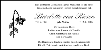 Anzeige von Lieselotte van Riesen von MGO