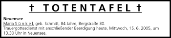 Anzeige von Totentafel vom 15.06.2005 von MGO