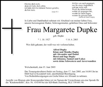 Anzeige von Margarete Dupke von MGO