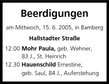 Anzeige von Beerdigungen vom 15.06.2005 von MGO