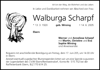 Anzeige von Walburga Scharpf von MGO