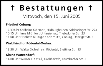 Anzeige von Bestattungen vom 15.06.2005 von MGO