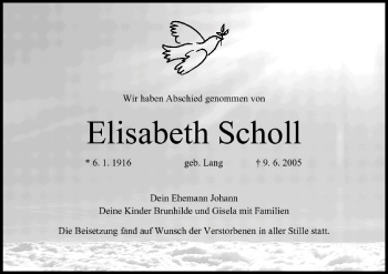 Anzeige von Elisabeth Scholl von MGO