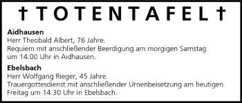 Anzeige von Totentafel vom 17.06.2005 von MGO