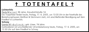 Anzeige von Totentafel vom 17.06.2005 von MGO