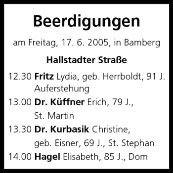 Anzeige von Beerdigungen vom 17.06.2005 von MGO