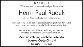 Anzeige von Paul Rudek von MGO