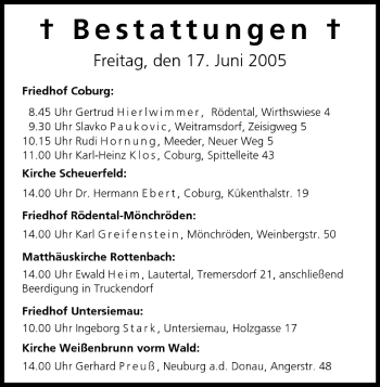 Anzeige von Bestattungen vom 17.06.2005 von MGO