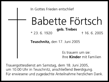 Anzeige von Babette Förtsch von MGO