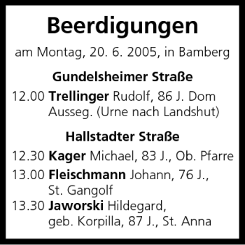 Anzeige von Beerdigungen vom 20.06.2005 von MGO