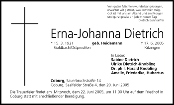 Anzeige von Erna-Johanna Dietrich von MGO