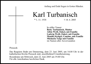 Anzeige von Karl Turbanisch von MGO