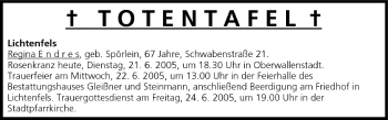 Anzeige von Totentafel vom 21.06.2005 von MGO