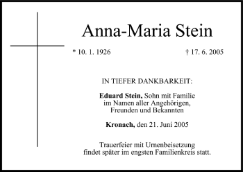 Anzeige von Anna-Maria Stein von MGO