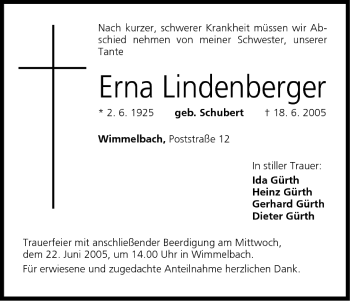 Anzeige von Erna Lindenberger von MGO
