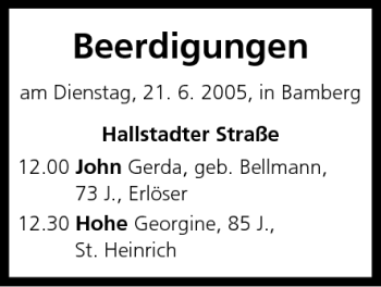 Anzeige von Beerdigungen vom 21.06.2005 von MGO