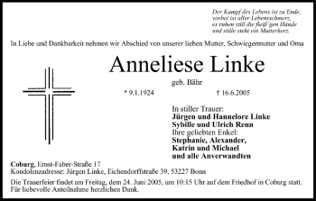 Anzeige von Anneliese Linke von MGO