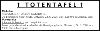 Anzeige von Totentafel vom 22.06.2005 von MGO