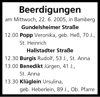 Anzeige von Beerdigungen vom 22.06.2005 von MGO