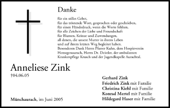 Anzeige von Anneliese Zink von MGO