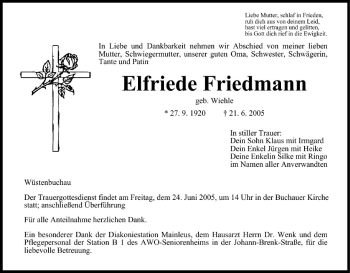 Anzeige von Elfriede Friedmann von MGO