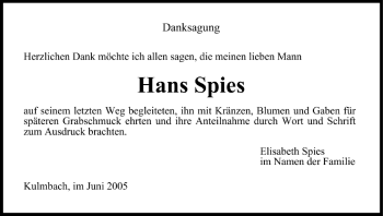 Anzeige von Hans Spies von MGO