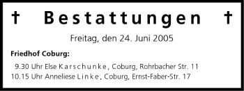 Anzeige von Bestattungen vom 24.06.2005 von MGO