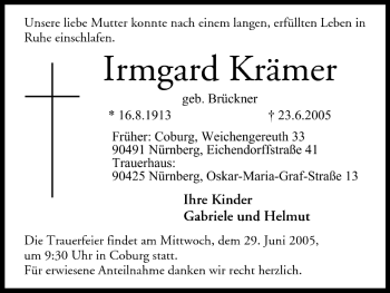 Anzeige von Irmgard Krämer von MGO