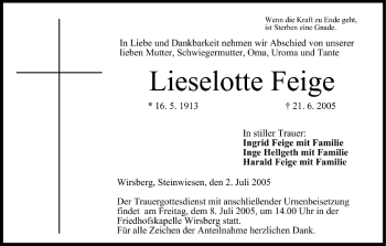 Anzeige von Lieselotte Feige von MGO