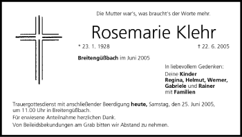 Anzeige von Rosemarie Klehr von MGO