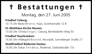 Anzeige von Bestattungen vom 27.06.2005 von MGO
